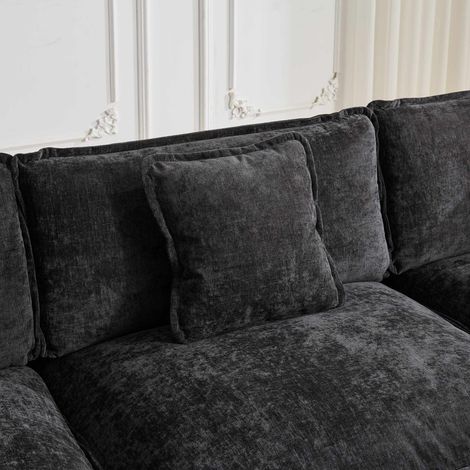 Canapé, en tissu et chenille, rembourré, avec coussin, avec accoudoirs, noir, pour maison et usage quotidien, assise confortable