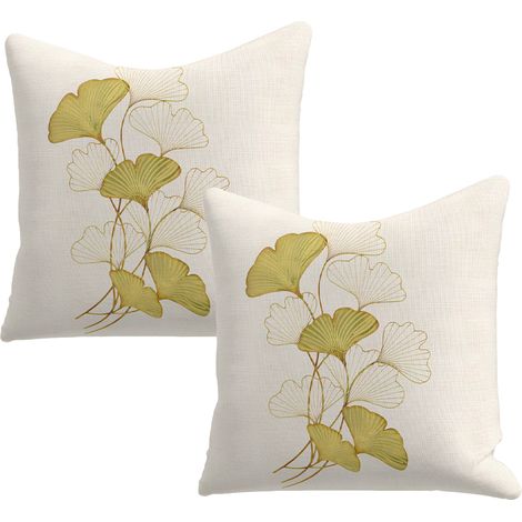 Juego de 2 fundas de cojín, estampado ginkgo, terciopelo de lino, 45x45 cm, salón (1/5)