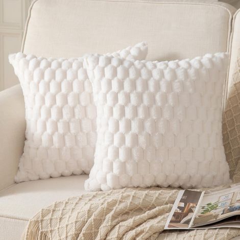 Housse de coussin décorative en  super douce et moelleuse, taie d'oreiller pour canapé, blanc 50 x 50 cm, lot de 2