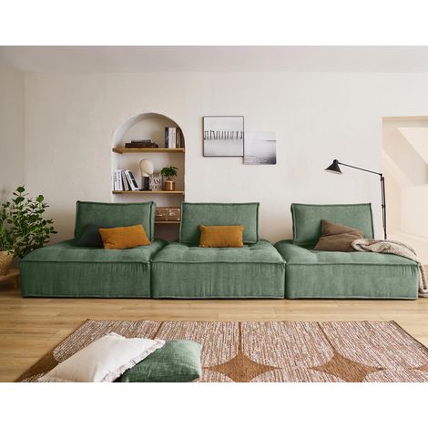 Lisa Design – Canapé modulable droit 3 places – Velours texturé vert – Coussins déhoussables – Design contemporain – Dimensions 366x122cm (1/5)