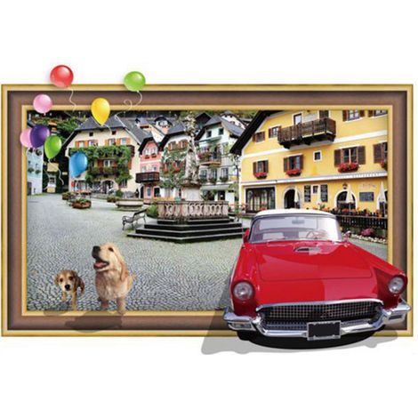 Autocollant vinyle forme fenêtre avec voiture et chiens, déco murale bébé salon chambre, removable étanche 68x47.5cm coloré