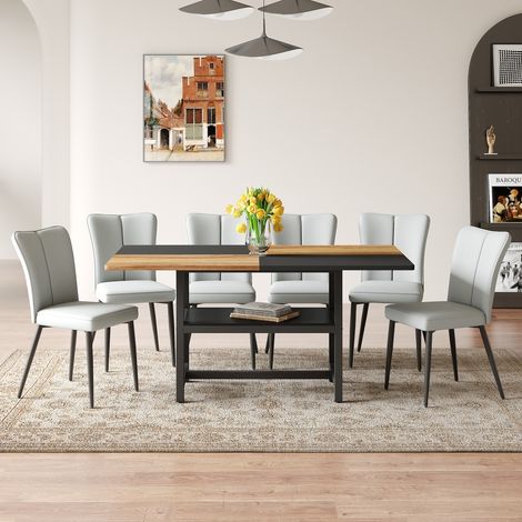 Table à manger rectangulaire 160cm rangement multifonction 6 chaises PU gris clair pieds métal noir salon salle à manger cuisine.