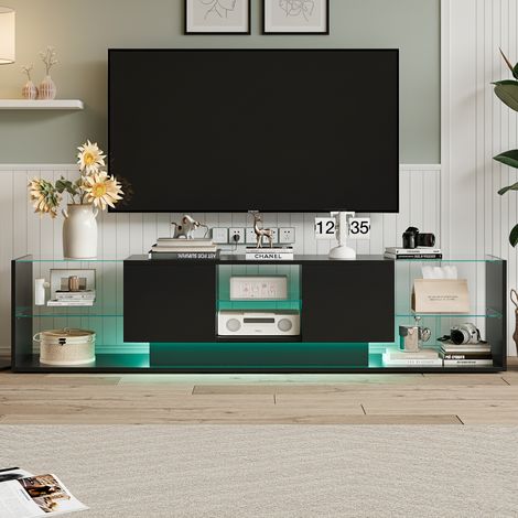 Meuble TV - Finition brillante, 200 cm, éclairage LED 24 couleurs, 2 tiroirs sans poignées, compartiments de rangement en verre trempé - noir (1/5)