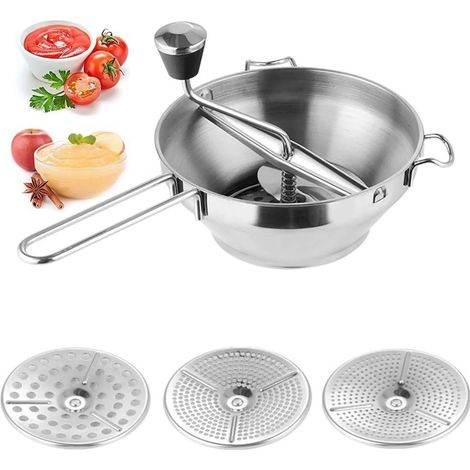 Tritatutto manuale in acciaio inox con 3 setacci, lavabile in lavastoviglie, ideale per la preparazione di pappe per neonati. (1/5)