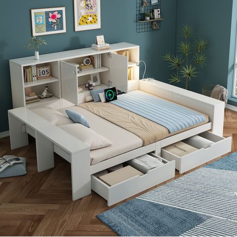 Letto matrimoniale 140x200 cm in MDF bianco con cassetti e USB salvaspazio - MEUBLIV (1/5)