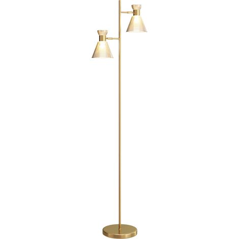 Lampadaire sur pied salon à double tête réglable, lampe sur pied, abat-jour en verre floral, 42 x 25 x 165 cm, doré (1/5)