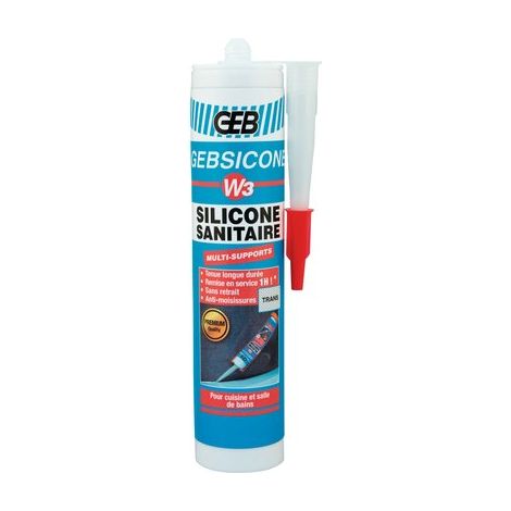 GEB – Mastic silicone translucide acétique W3 310 ml – Anti-moisissure – Excellente élasticité – Remise en service après 1h