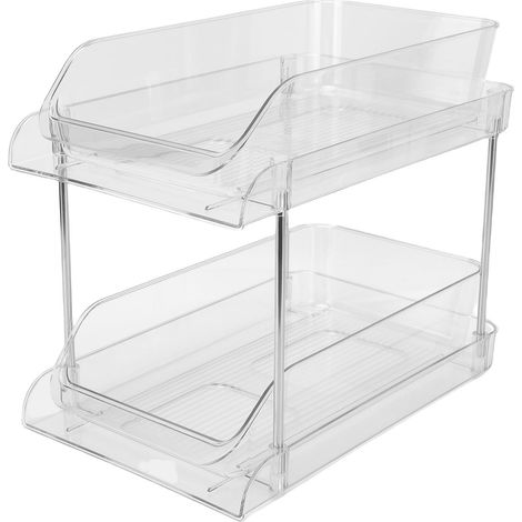 Organisateur coulissant sous évier, multifonctionnel, empilable, transparent, gain de place, en PET, étagère de rangement sous évier pour salle de bain et cuisine, 2 niveaux (1/5)