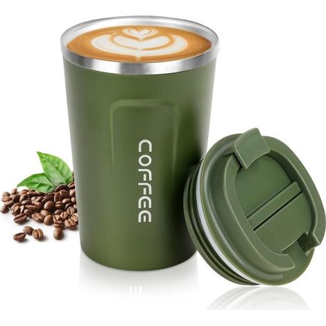Tazza termica isolata, tazza da viaggio, tazza da viaggio in acciaio inox, tazza da auto a doppia parete a prova di perdite, per viaggi e ufficio, verde 380 ml (1/5)
