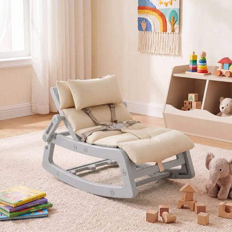 Chaise à bascule enfant grise 2 en 1 avec dossier réglable, harnais 5 points et coussin amovible pour jouer, lire et se reposer (1/5)