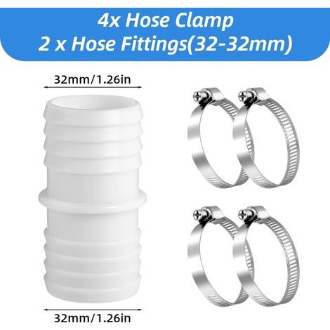 2PCS Raccord Tuyau Piscine, Raccord de Tuyau de 32 à 32 mm, Adaptateur de Tuyau de Piscine avec 4 Colliers de Serrage en Acier Inoxydable, Adaptateur de Tuyau Double, pour Piscine, Jardin (1/4)
