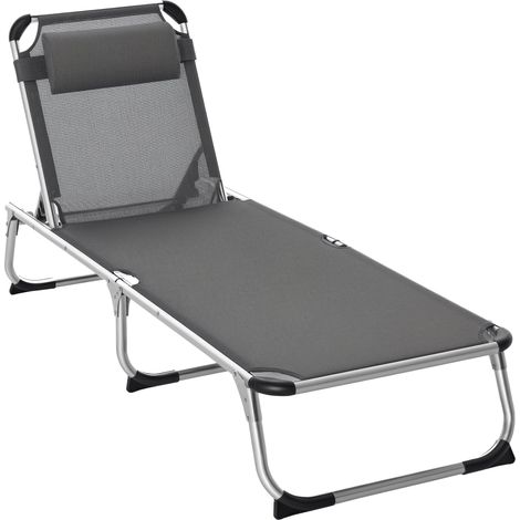Baen de soleil chaise longue pliante avec appuie-tête, transat enclenable en alumenium et textilène, transat jarden extérieur pour plage relax campeng piscene terrasse, 165x60x76cm, gris (1/5)