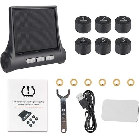 Système de surveillance de la pression des pneus pour camions et véhicules (TPMS solaire) avec 6 capteurs, moniteur numérique solaire, outil de diagnostic et alarme. (1/5)