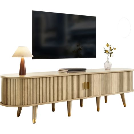 Support TV avec portes coulissantes, meuble basse TV design, étagère télévisuelle originale, meuble de salon moderne.