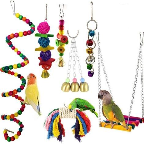 Perroquet Jouets Suspendus, 7 Pcs Oiseau Perroquet Jouets Oiseau Suspendu Cloche Jouet Oiseau Balançoire Suspendu Jouet Cage à Oiseaux Jouets pour Petits Perroquets, Aras, Perruches (1/5)