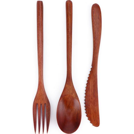 Ensemble de couverts portables en bois comprenant cuillère, fourchette et couteau, avec sac. (1/5)
