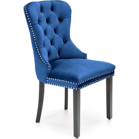 Chaise capitonnée en velours bleu avec pieds noirs en bois massif BERENICE (1/3)