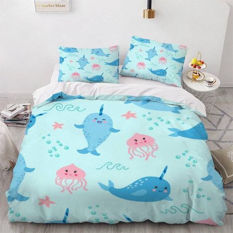Housse de Couette 140x200 Enfant Poisson Parure de Lit 1 Personne Microfibre Housse de Couette Mignon Kawaii Bleu 3D Imprimé Literie Set 3 Pièces avec Fermeture Éclair - 140x200+2x50x75 (1/5)
