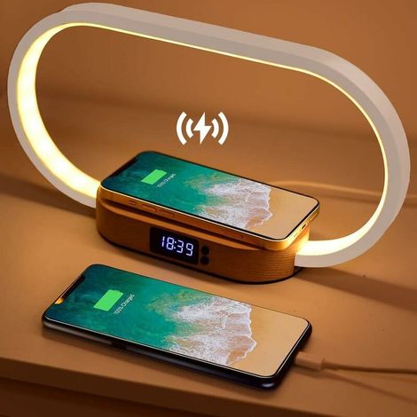 Lampe de Chevet Chargeur sans Fil, Tactile avec Port USB, Chargeur Induction avec L\\'horloge, Lampe de Table avec 3 Modes de Couleur et Intensité Variable, Bois&Blanc (1/5)
