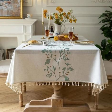 Nappe rectangulaire en lin de coton, nappe imperméable, Table de ferme lavable,couverture55''x70'' (Beige, Feuille Verte) (1/5)