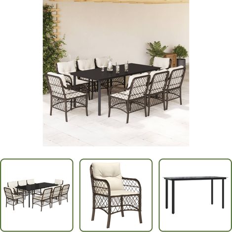 vidaXL Gartenstuhl - 9-tlg. Garten-Essgruppe mit Kissen Braun Poly Rattan (1/5)