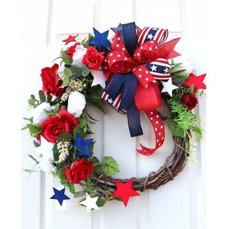 Wreath - Rattan Base - Red White Blue Decorative Ring - For Front Door Window Mantel - 40 cm Diameter - Indoor Outdoor Use (1/5)