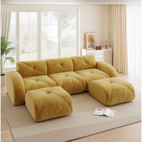 Sofá modular en U de 3 plazas con 2 pufs de chenilla amarilla, sin montaje, OKWISH (1/5)