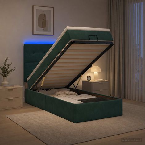 Cama tipo otomana con colchón y LED Verde oscuro 90 x 200 cm (1/5)