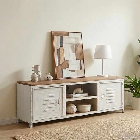 Meuble TV industriel avec rangement en acier galvanisé blanc et marron 120 x 30 x 40 cm - PANGIVO (1/5)