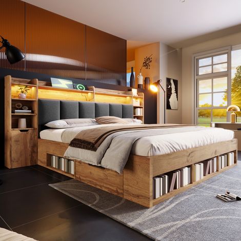 Lit en bois 160x200 cm avec éclairage LED et interface USB-C Lit double rembourré avec tiroirs rangements , Bois , chêne