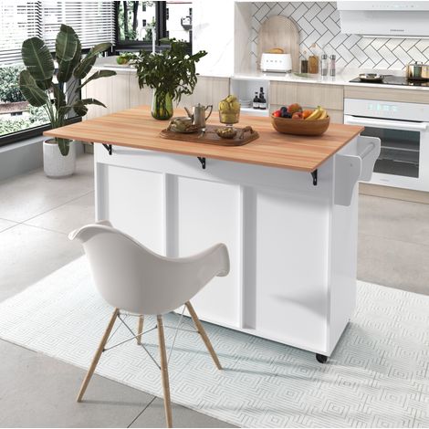 Carro de cocina 129x71x91,5 cm blanco/natural con tapa abatible, 2 cajones y ruedas (1/5)