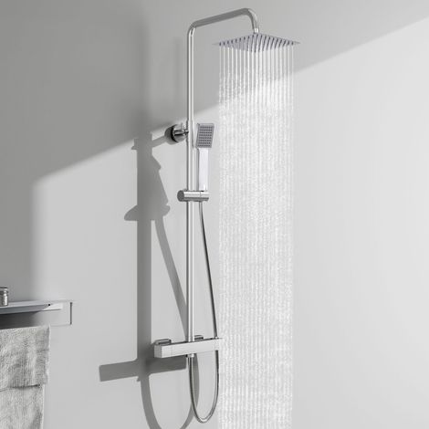 AICA Thermostat Duschsystem, Regendusche mit Thermostatarmatur, quadratisches Duschset mit Kopfbrause, Handbrause und höhenverstellbarer Duschsäule, Chrom