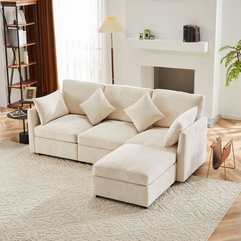 Canapé de salon moderne, canapé en tissu chenille, canapé trois places, canapé quatre places, canapé d'angle en L avec pouf, beige (1/5)