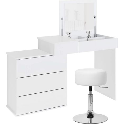 ML-Design Tocador moderno con Taburete y Espejo 4 Cajónes con 4 Compartimentos Almacenamiento 117,5 x 78 x 45cm Blanco Fabricado en Madera MDF Mesa Peluquería Cómoda para Maquillaje Gabinete Make Up (1/5)