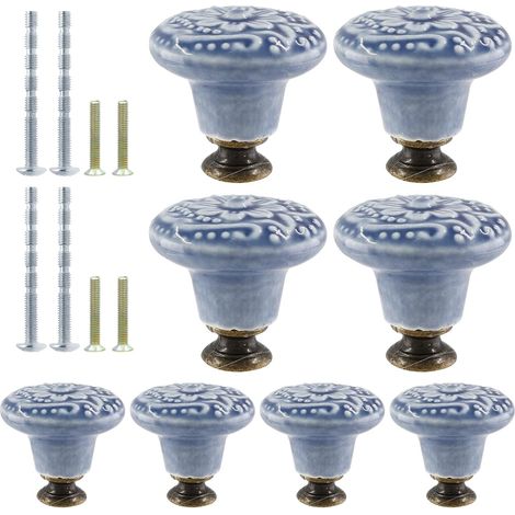Lot de 8 boutons de placard de cuisine vintage en céramique bleu grisâtre - Poignées de tiroir décoratives pour placard, placard, porte de meubles (1/5)