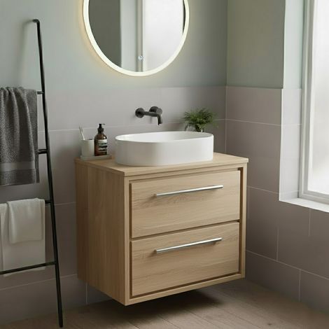 Hudson Reed Lille Wall Hung 2-Drawer Vanity Unit with Worktop 600mm Wide - Bleached Oak
