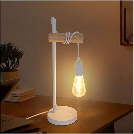 Lampe de Table, Lampe de Lecture, Bois & Métal, Éclairage du Bureau et de la Chambre, Lampe de Chevet, Pour Ampoule LED E27 10W Max (Blanc) (1/4)