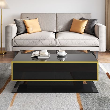 Mesa centro LED con 3 cajones negro y dorado OKMYHOME (1/5)