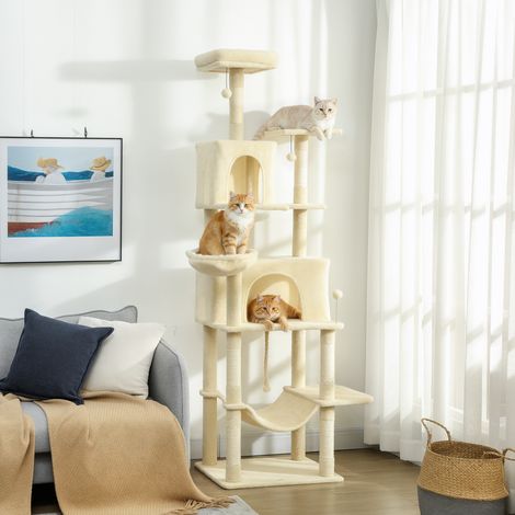 Tiragraffi per gatti con piattaforma, torre per arrampicata con cuccia, grotte, pali in sisal, 60x48x202 cm, beige