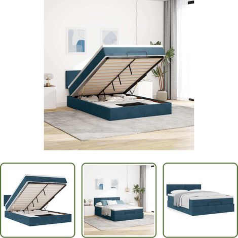 Sommier hydraulique - Cadre de lit ottoman avec matelas bleu foncé 140x190 cm velours (1/5)