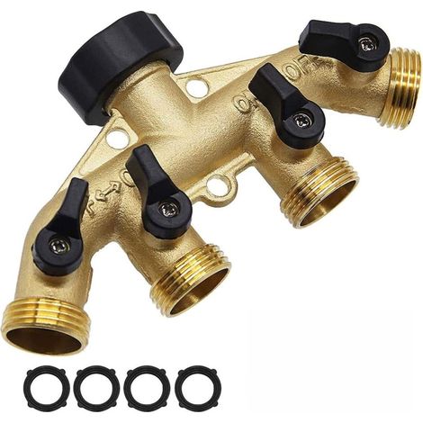 Robuster 4-Wege-Gartenschlauchverteiler aus Messing, 3/4"-Schlauchhahnadapter mit 4 Ventilen (1/5)