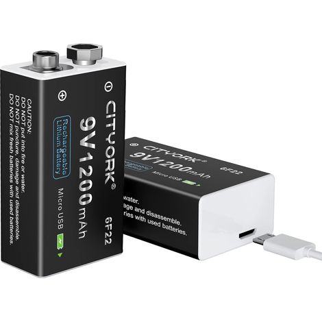 Lot de 2 Piles 9 V 1200 mAh PP3/MN1604/6F22/6LR61 Batterie au Lithium Rechargeable USB avec Port de Charge Micro USB pour détecteur de fumée, cuisinière à gaz, etc. (1/5)
