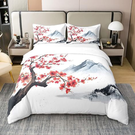 Style Japonais Coton Housse de Couette 220x240,Japonais Ukiyo-E Parure de Lit pour Le Lit,Fleurs de Cerisier Literie Set Doux pour Enfants Adolescents,Collines Florales Botaniques Couvre Lit (1/5)
