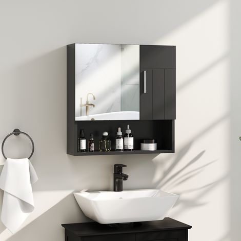 Noir - Miroir de salle de bain de rangement avec étagères réglables, 2 portes et étagère ouverte en bois et verre, 54x15,2x55,3 cm