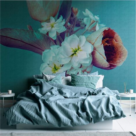 Sfondo fotografico Profhome 382691 Carta da parati TNT goffrata a caldo liscia con motivo floreale opaca blu lilla bianco 3,71 m x 2,8 m (1/4)