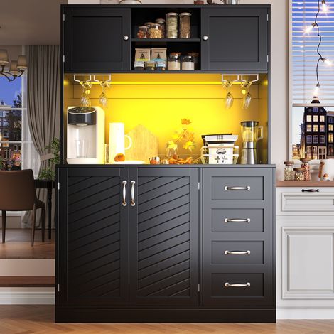 Credenza buffet in MDF nero 120x40x188 cm con LED, 4 ante, 2 cassetti e portabottiglie