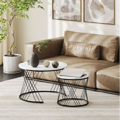 Lot de 2 tables basses rondes effet marbre, panneaux de particules et métal, blanches (1/5)