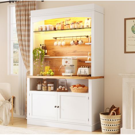 Aparador de cocina de 107x43x184 cm con LED USB, estantes abiertos, 6 ganchos, almacenamiento en MDF blanco (1/5)