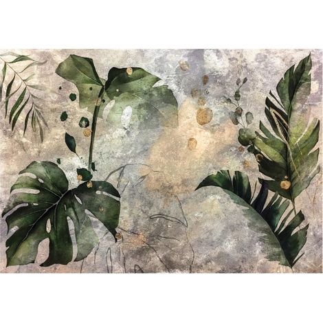 Papier peint feuilles de monstera béton vert gris décoration murale – 150 x 105 cm Wallarena (1/4)