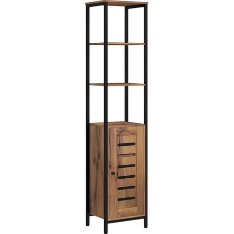 Colonne marron style rustique 37x30x167 cm avec porte à lattes, étagères réglables et compartiments ouverts, meuble salle de bain chaleureux
